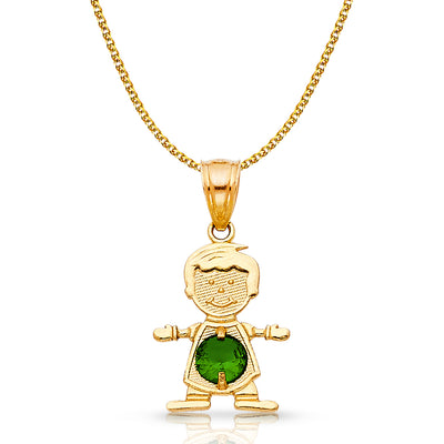 14K Gold May Birthstone CZ Boy Charm Pendant with 1.2mm Flat Open Wheat Chain Necklace