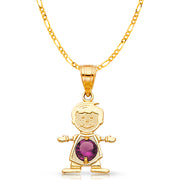 14K Gold June Birthstone CZ Boy Charm Pendant with 2mm Figaro 3+1 Chain Necklace