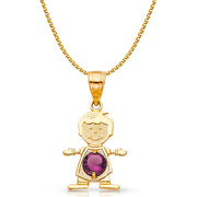 14K Gold June Birthstone CZ Boy Charm Pendant with 1.2mm Flat Open Wheat Chain Necklace