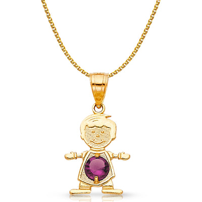 14K Gold June Birthstone CZ Boy Charm Pendant with 1.2mm Flat Open Wheat Chain Necklace