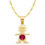 14K Gold July Birthstone CZ Boy Charm Pendant with 2mm Figaro 3+1 Chain Necklace