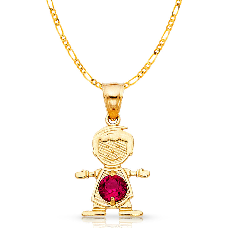 14K Gold July Birthstone CZ Boy Charm Pendant with 2mm Figaro 3+1 Chain Necklace