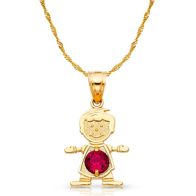 14K Gold July Birthstone CZ Boy Charm Pendant with 0.9mm Singapore Chain Necklace