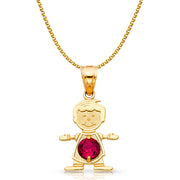 14K Gold July Birthstone CZ Boy Charm Pendant with 1.2mm Flat Open Wheat Chain Necklace