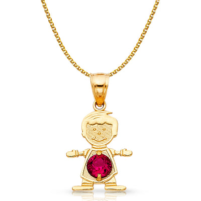 14K Gold July Birthstone CZ Boy Charm Pendant with 1.2mm Flat Open Wheat Chain Necklace