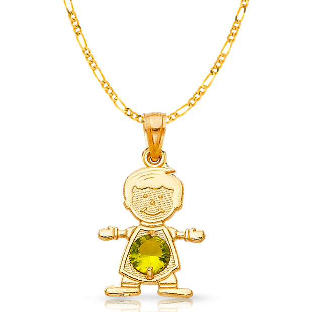 14K Gold August Birthstone CZ Boy Charm Pendant with 2mm Figaro 3+1 Chain Necklace