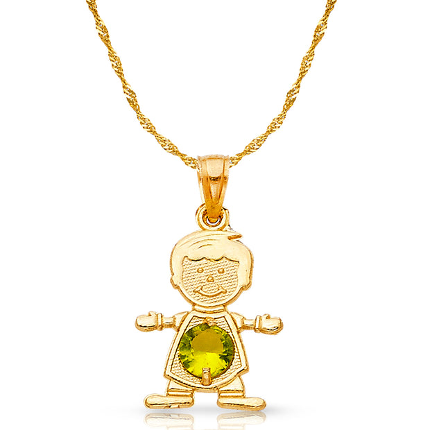 14K Gold August Birthstone CZ Boy Charm Pendant with 0.9mm Singapore Chain Necklace