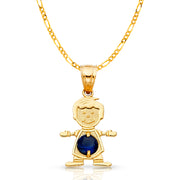 14K Gold September Birthstone CZ Boy Charm Pendant with 2mm Figaro 3+1 Chain Necklace