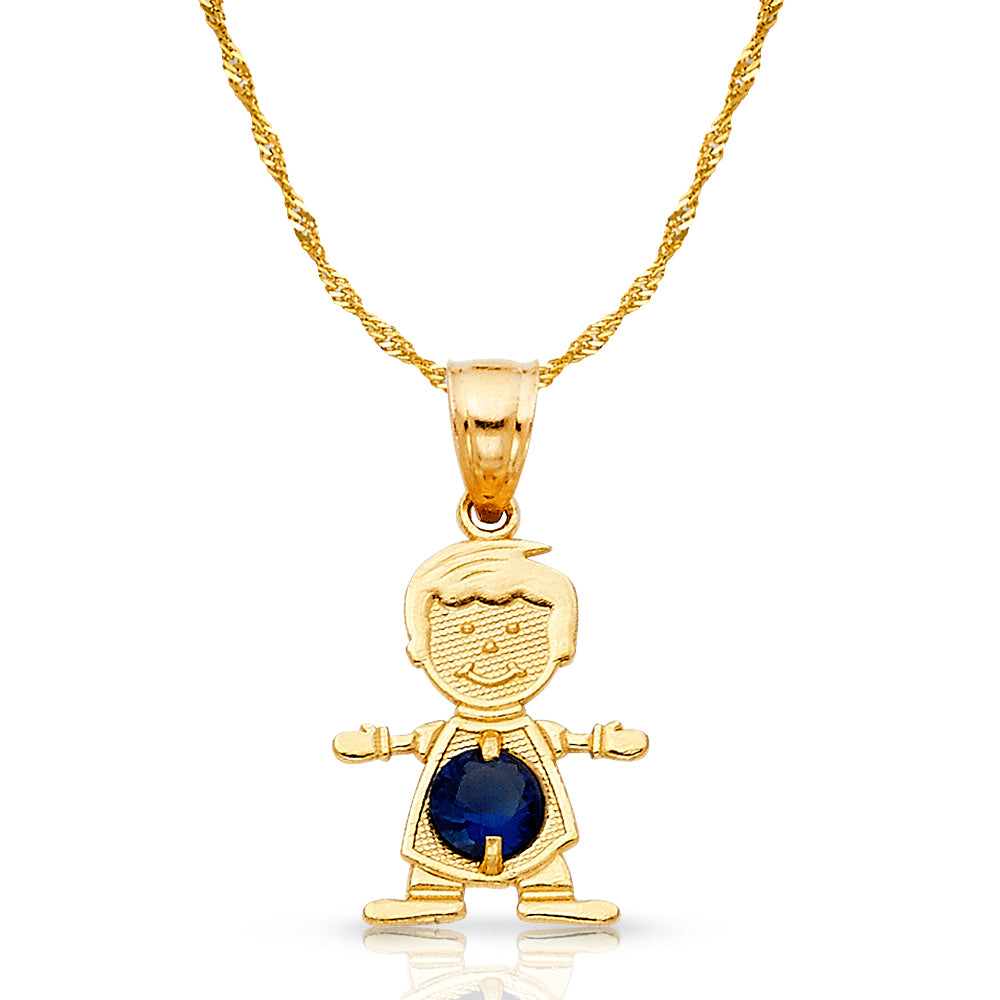 14K Gold September Birthstone CZ Boy Charm Pendant with Singapore Chain Necklace