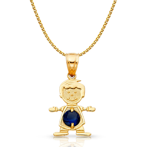 14K Gold September Birthstone CZ Boy Charm Pendant with 1.2mm Flat Open Wheat Chain Necklace