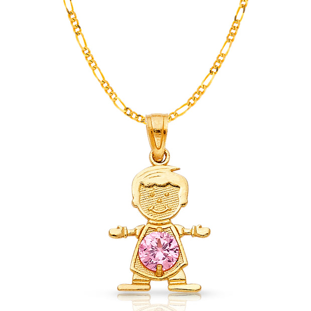 14K Gold October Birthstone CZ Boy Charm Pendant with 2mm Figaro 3+1 Chain Necklace