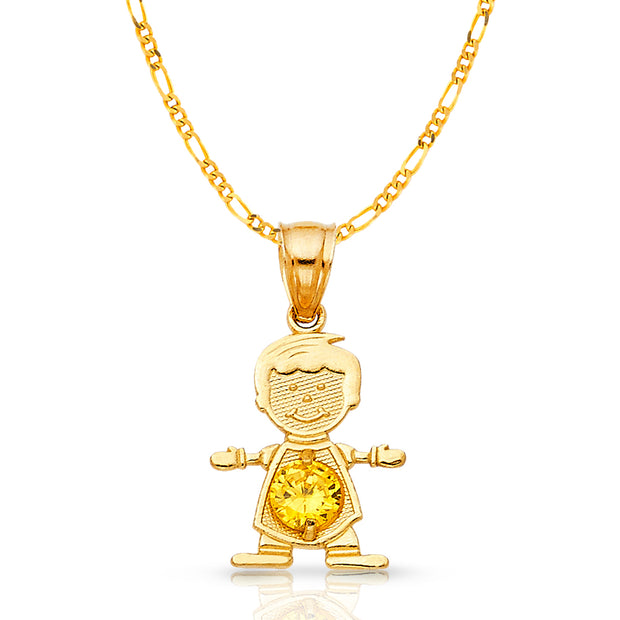14K Gold November Birthstone CZ Boy Charm Pendant with 2mm Figaro 3+1 Chain Necklace