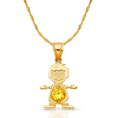 14K Gold November Birthstone CZ Boy Charm Pendant with 0.9mm Singapore Chain Necklace