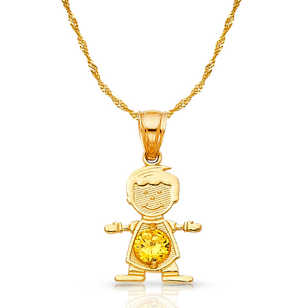 14K Gold November Birthstone CZ Boy Charm Pendant with 0.9mm Singapore Chain Necklace