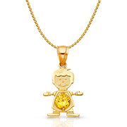 14K Gold November Birthstone CZ Boy Charm Pendant with 1.2mm Flat Open Wheat Chain Necklace