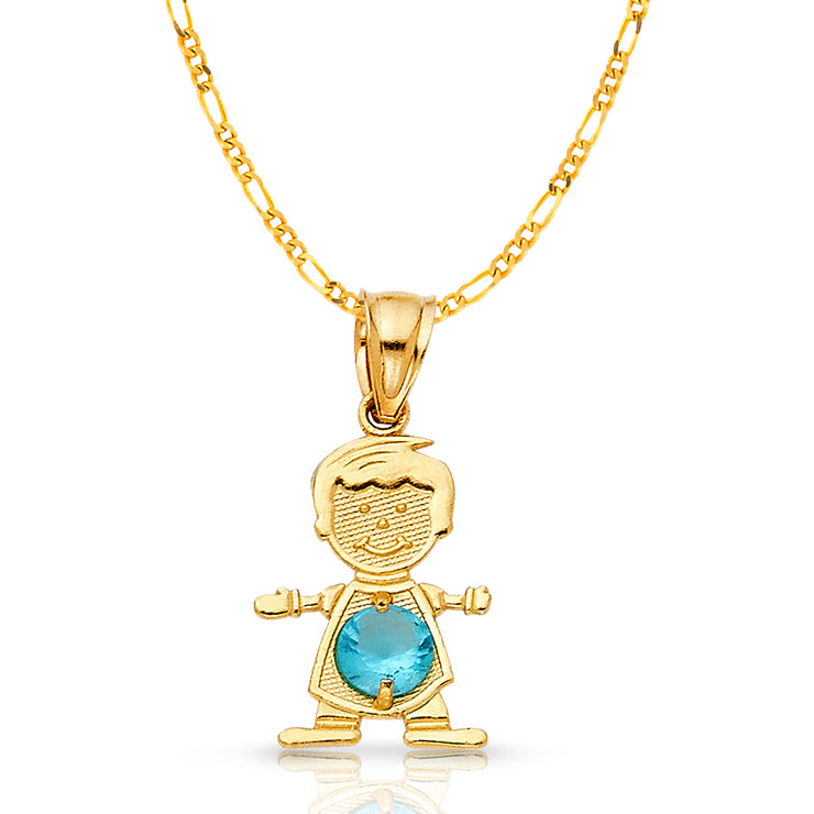 14K Gold Birthstone CZ Boy Charm Pendant with 2mm Figaro 3+1 Chain Necklace