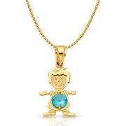 14K Gold Birthstone CZ Boy Charm Pendant with 1.2mm Flat Open Wheat Chain Necklace