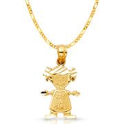 14K Gold Girl Charm Pendant with 2mm Figaro 3+1 Chain Necklace