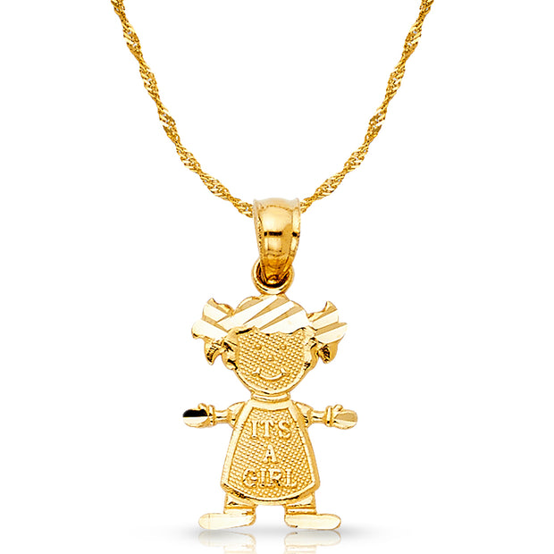 14K Gold Girl Charm Pendant with 0.9mm Singapore Chain Necklace