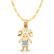 14K Gold Girl Charm Pendant with 2mm Figaro 3+1 Chain Necklace