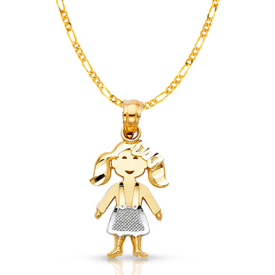14K Gold Girl Charm Pendant with 2mm Figaro 3+1 Chain Necklace