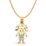 14K Gold Girl Charm Pendant with 1.2mm Flat Open Wheat Chain Necklace