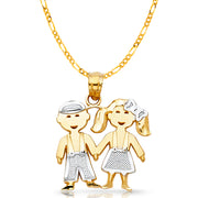 14K Gold Girl & Boy Brother & Sister Charm Pendant with 2mm Figaro 3+1 Chain Necklace