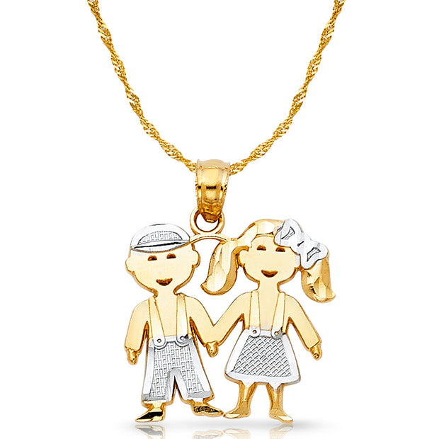 14K Gold Girl & Boy Brother & Sister Charm Pendant with 0.9mm Singapore Chain Necklace
