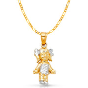 14K Gold Happy Girl Charm Pendant with 2mm Figaro 3+1 Chain Necklace