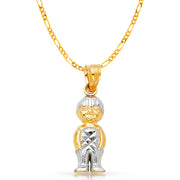 14K Gold Happy Boy Charm Pendant with 2mm Figaro 3+1 Chain Necklace
