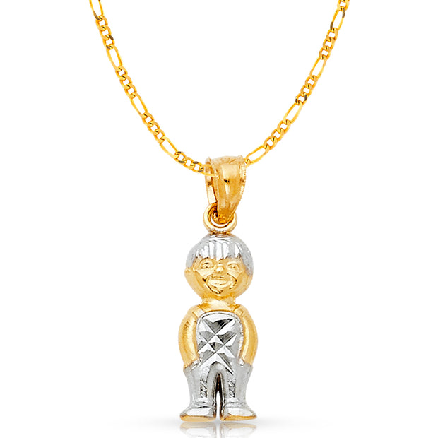 14K Gold Happy Boy Charm Pendant with 2mm Figaro 3+1 Chain Necklace