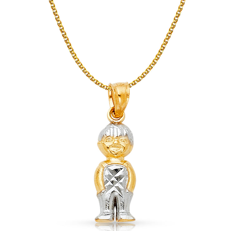 14K Gold Happy Boy Charm Pendant with 1.2mm Flat Open Wheat Chain Necklace