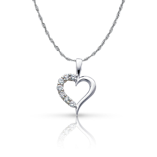 14K Gold Journey Hollow Heart CZ Pendant with 1.5mm Rope Chain