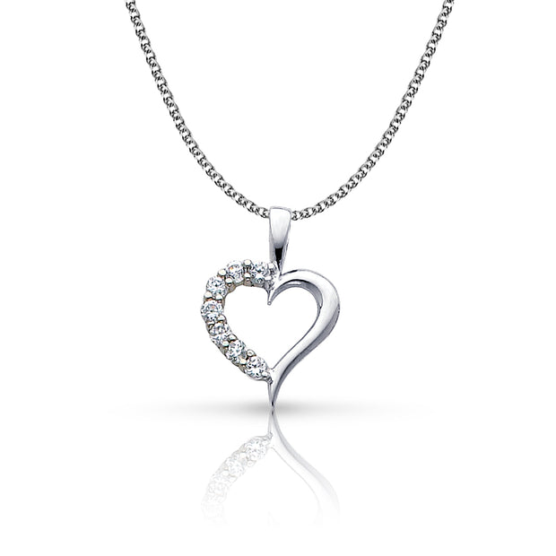 14K Gold Journey Hollow Heart CZ Pendant with 1.3mm Flat Open Wheat Chain