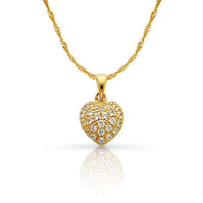 14K Gold Heart Cluster CZ Charm Pendant with 0.9mm Singapore Chain Necklace