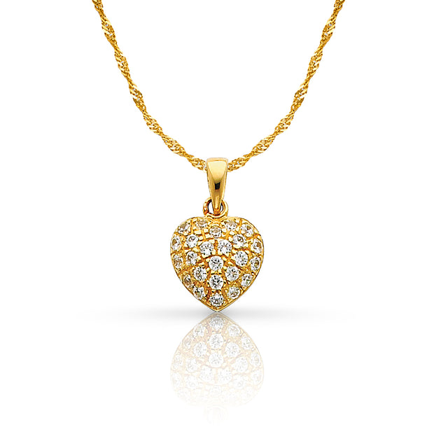 14K Gold Heart Cluster CZ Charm Pendant with 0.9mm Singapore Chain Necklace