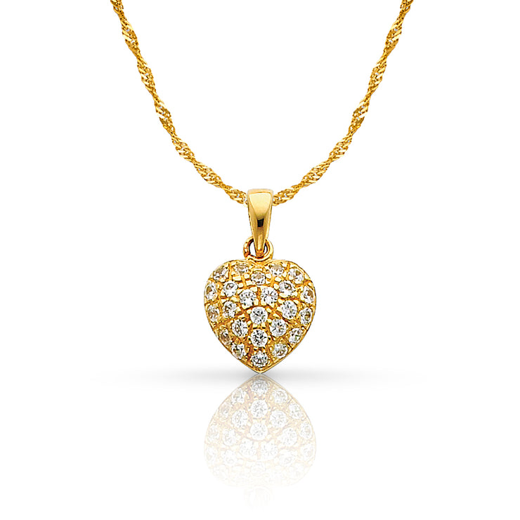 14K Gold Heart Cluster CZ Charm Pendant with 0.9mm Singapore Chain Necklace