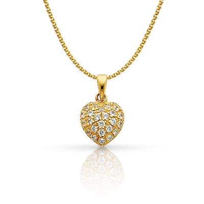 14K Gold Heart Cluster CZ Charm Pendant with 1.2mm Flat Open Wheat Chain Necklace