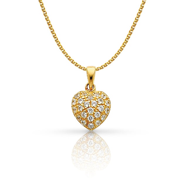 14K Gold Heart Cluster CZ Charm Pendant with 1.2mm Flat Open Wheat Chain Necklace