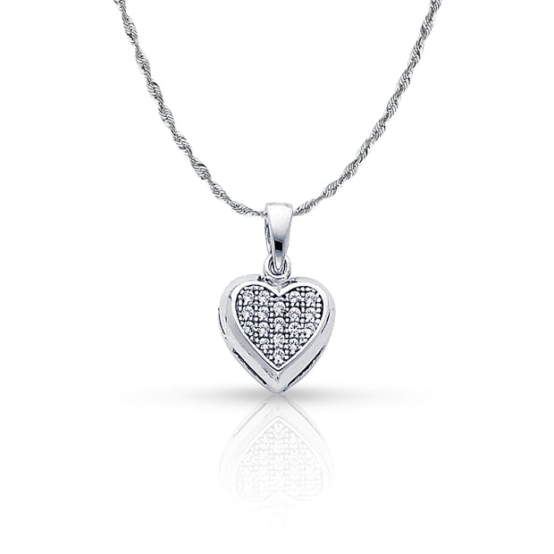 14K Gold Heart Cluster CZ Pendant with 1.5mm Rope Chain