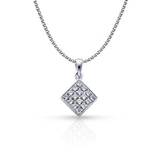 14K Gold Square Cluster CZ Pendant with 1.3mm Flat Open Wheat Chain
