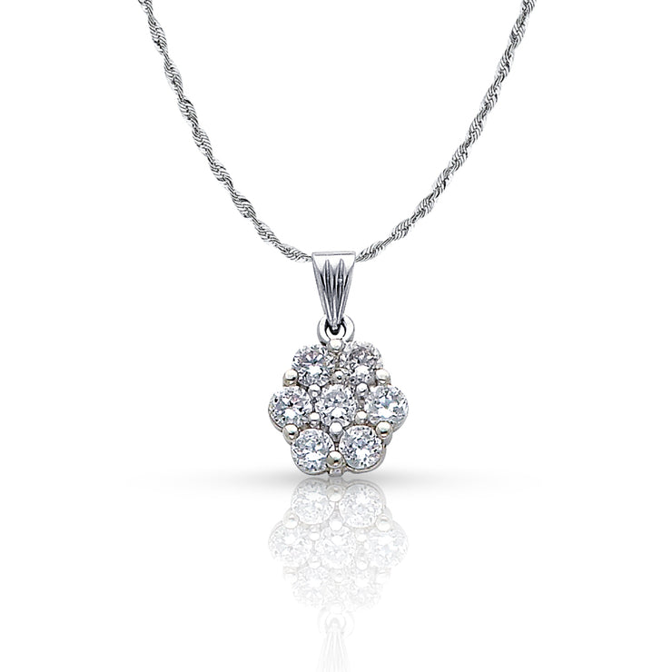 14K Gold Flower Cluster CZ Pendant with 1.5mm Rope Chain
