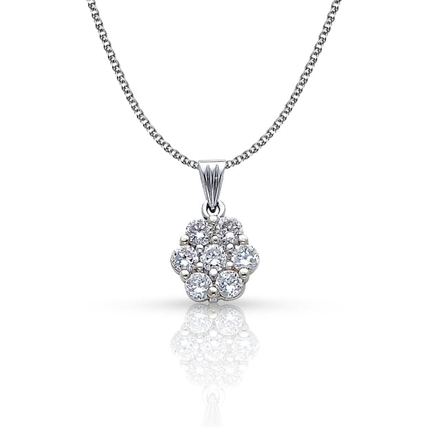 14K Gold Flower Cluster CZ Pendant with 1.3mm Flat Open Wheat Chain