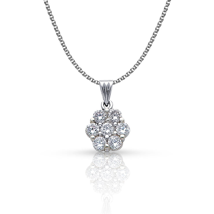 14K Gold Flower Cluster CZ Pendant with 1.3mm Flat Open Wheat Chain