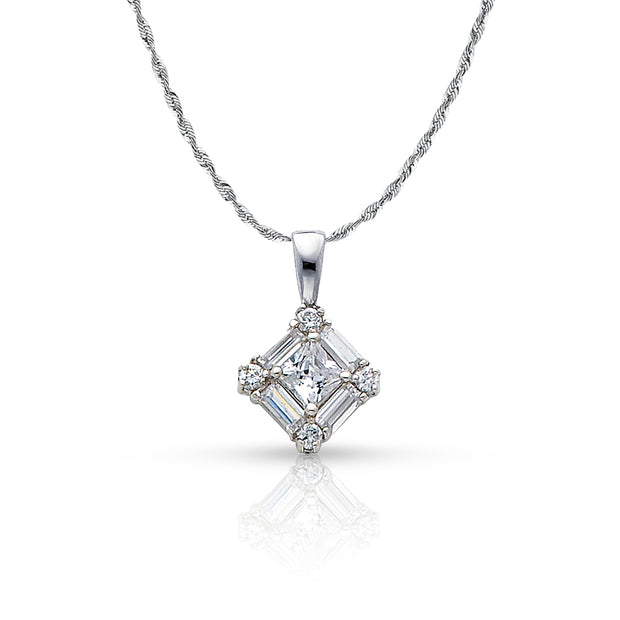 14K Gold Square Cluster CZ Pendant with 1.5mm Rope Chain