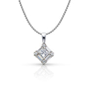 14K Gold Square Cluster CZ Pendant with 1.3mm Flat Open Wheat Chain