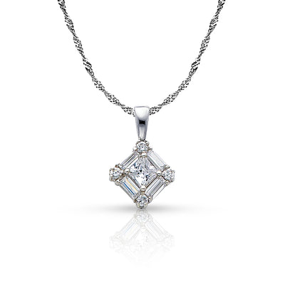 14K Gold Square Cluster CZ Pendant with 1.2mm Singapore Chain