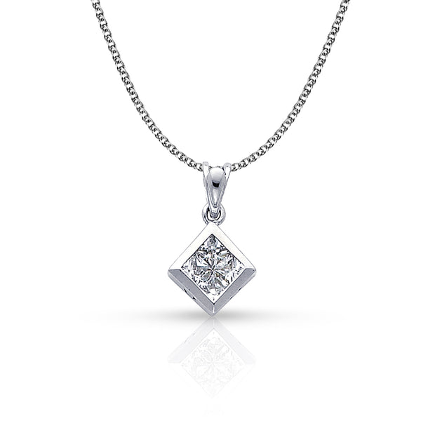 14K Gold Square CZ Pendant with 1.3mm Flat Open Wheat Chain