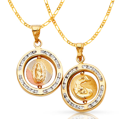 14K Gold Double Sided Round Pendant with 2mm Figaro 3+1 Chain