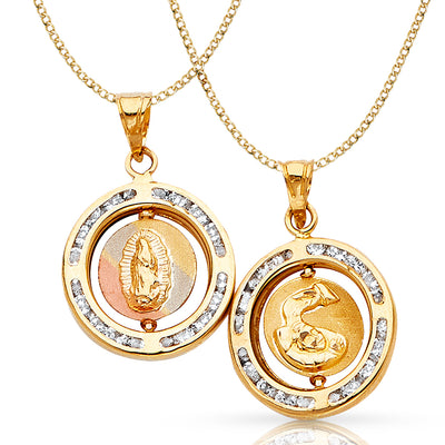 14K Gold Double Sided Round Pendant with 2.3mm Hollow Cuban Chain